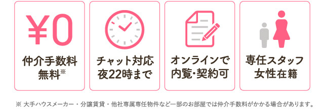 仲介手数料0円、チャット対応夜22時まで、オンラインで内覧・契約可、専任スタッフ7割女性