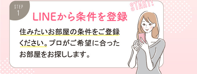 LINEから条件を登録。住みたいお部屋の条件をご登録ください。プロがご希望に合ったお部屋をお探しします。